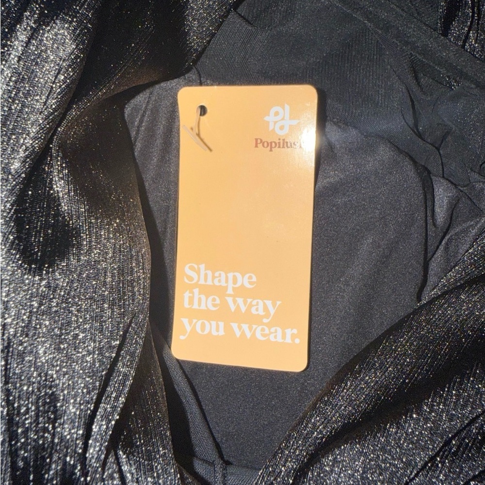 NEW Popilush Black Shapewear Off-Shoulder Ruched Shine Sculpting Midi Dress Lg - Picture 6 of 8
